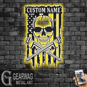 Custom US Plumber Skull Metal Wall Art With LED Light, Personalized Plumber Name Sign Decoration For Room, Plumber Skull Metal LED Decor