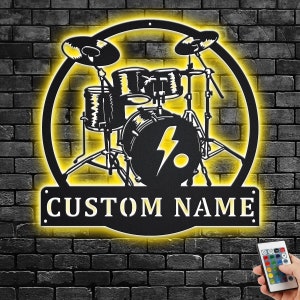 Custom Drummer Musical instrument Metal Wall Art With LED Light, Personalized Drummer Name Sign Decoration For Room,Drummer Metal Home Decor