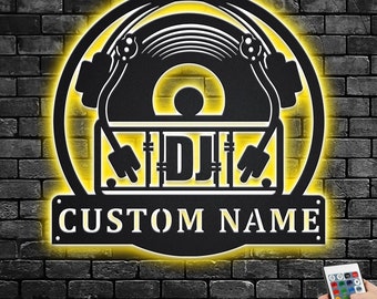 Custom Music Turntable Record Metal Wall Art With LED Light, Personalized Disc Jockey Name Sign Decoration For Room, DJ Home Decor,Custom DJ