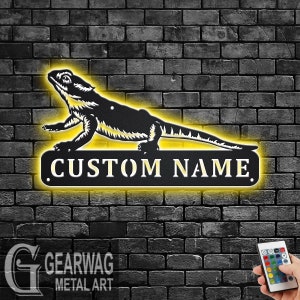Custom Bearded Dragon Metal Wall Art With LED Light, Personalized Bearded Dragon Name Sign Decoration For Room, Bearded Dragon LED Decor