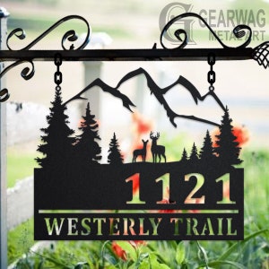 Custom Couple Deer Mountains Metal Address Sign House number Hanging Address Plaque Yard Sign, Outdoor Sign Garden Stake,Custom Address Sign