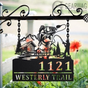 Personalized Fisher Metal Address Sign House Number Hanging Address Plaque Yard Sign, Outdoor Sign Garden Stake, Custom Address Sign
