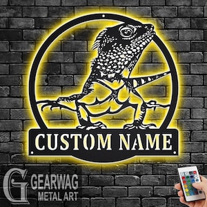 Custom Bearded Dragon Metal Wall Art With LED Light, Personalized Bearded Dragon Name Sign Decoration For Room, Bearded Dragon LED Decor