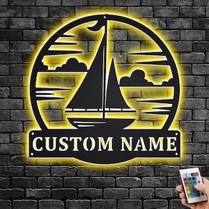 Custom Sailboat Metal Wall Art With LED Light, Personalized Sailboat Name Sign Decoration For Room, Sailboat Home Decor, Custom Sailboat