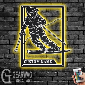 Custom Female Skiing Signage Metal Wall Art With LED Light, Personalized Skiier Name Sign Decoration, Female Skiing Signage Metal LED Decor