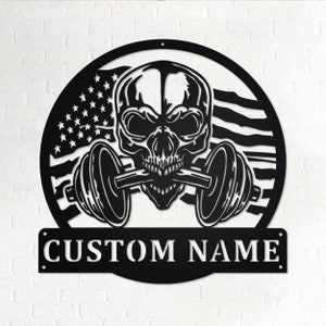 Custom US Flag Skull Fitness Metal Wall Art, Personalized Gymer Name Sign Decoration For Room, Gym Metal Home Decor, Custom US Flag Fitness