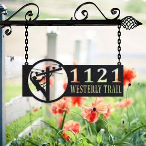Personalized Lineman Metal Address Sign House Number Hanging Address Plaque Yard Sign, Outdoor Sign Garden Stake, Metal Address Sign