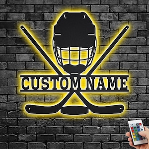 Custom Hockey Metal Wall Art With LED Light, Personalized Hockey Name Sign Decoration For Room, Hockey Metal Home Decor, Custom Hockey