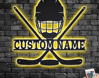 Custom Hockey Metal Wall Art With LED Light, Personalized Hockey Name Sign Decoration For Room, Hockey Metal Home Decor, Custom Hockey