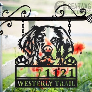 Personalized Brittany Spaniel Dog Metal Address Sign House Number Hanging Address Plaque Yard Sign, Outdoor Sign Garden Stake, Address Sign