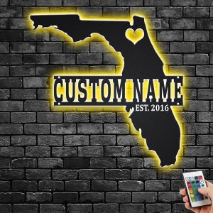 Aangepaste metalen muurkunst Florida kaart met ledlicht, gepersonaliseerde decoratie Florida staat naambord voor kamer, Born In Florida metalen led-decor