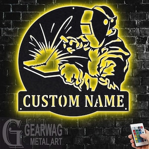 Custom Welder Metal Sign With LED Light, Personalized Welder Name Sign Decoration For Room, Tree Welder Metal LED Decor, Welder Name Sign