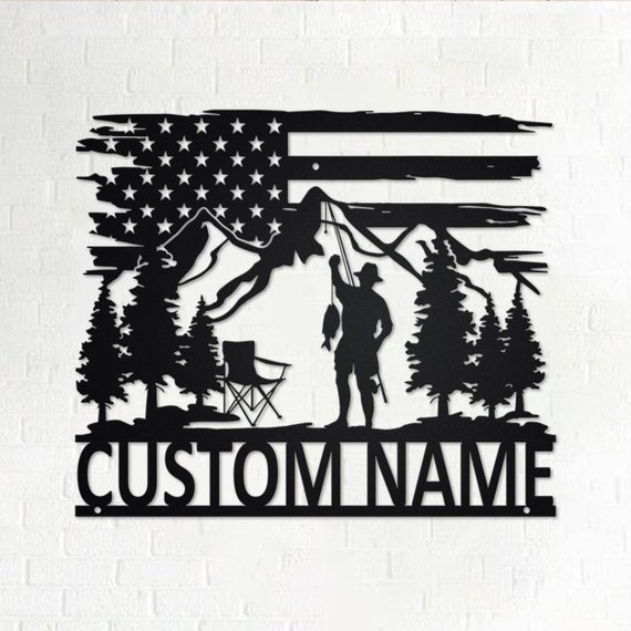 Custom US Fisherman Metal Wall Art With LED Light, Personalized