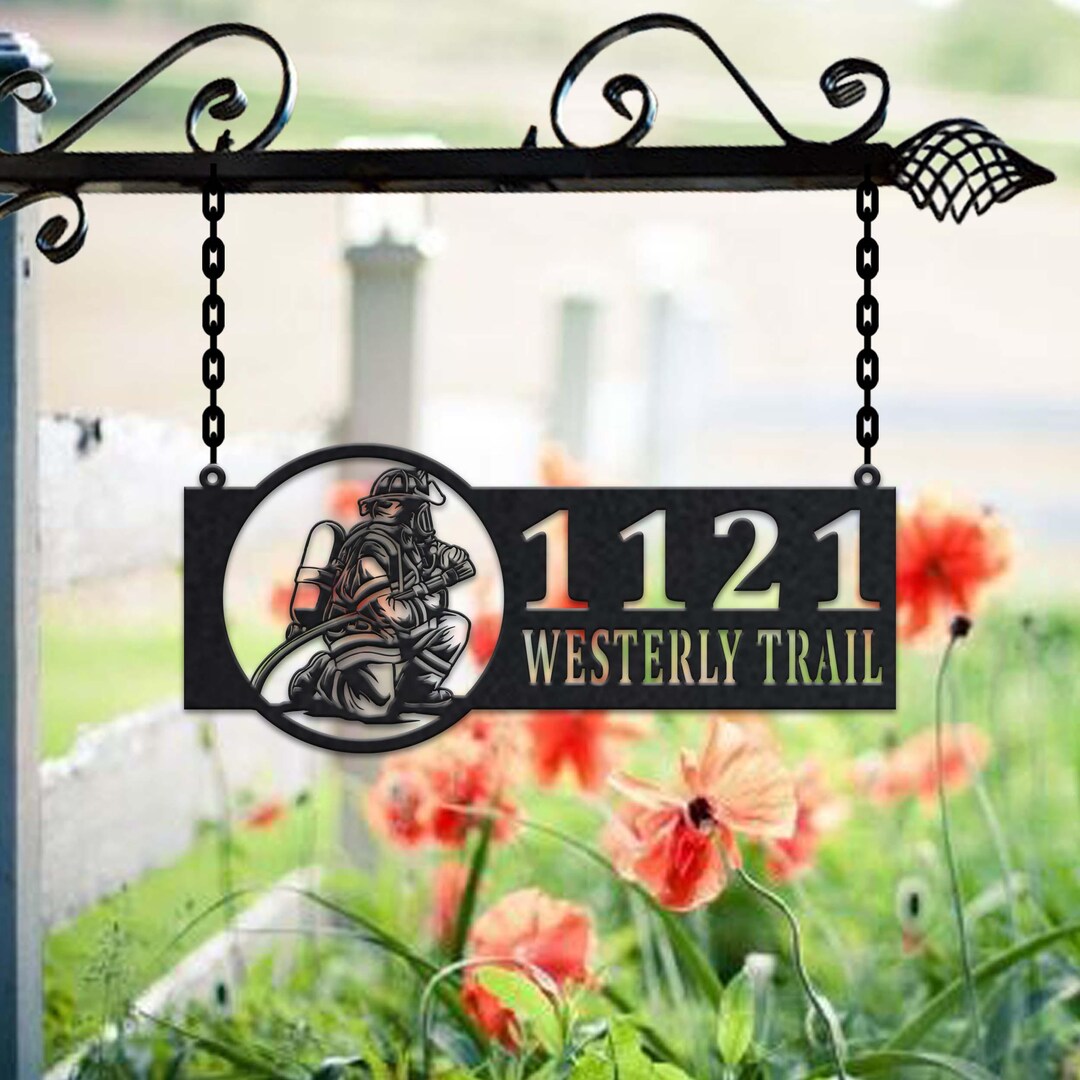 Personalized Fireman Metal Address Sign: Hanging House Number Plaque - Etsy