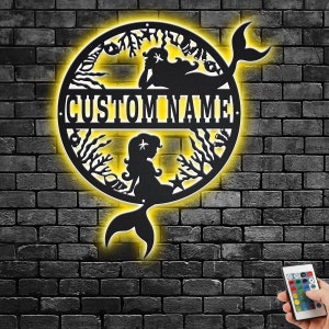 Custom Mermaid Metal Wall Art With LED Light, Personalized Mermaid Name Sign Decoration For Room, Mermaid Metal LED Decor, Custom Mermaid
