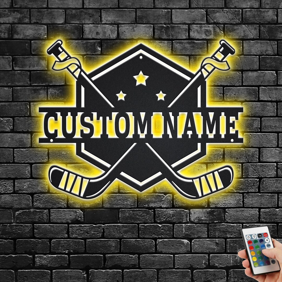 Custom Ice Hockey Metal Wall Art With LED Light, Personalized Player