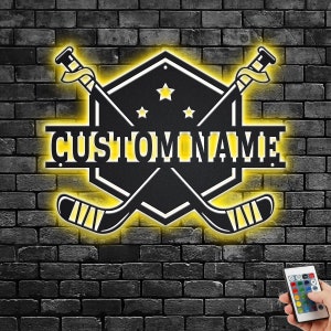 Custom Ice Hockey Metal Wall Art With LED Light, Personalized Player Stick Sign Home Decor, Ice Hockey Metal LED Decor, Custom Hockey Player