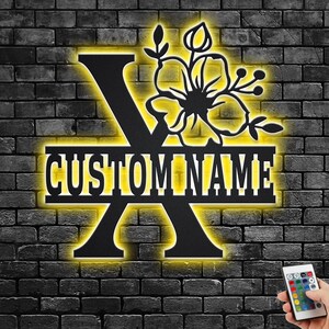 Custom Floral Alphabet X Metal Wall Art With Led Light, Personalized Alphabet Family Name Sign Decoration For Room,Last Name Metal LED Decor