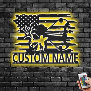 Custom US Deer Bow Hunting Metal Wall Art With LED Light, Personalized Bow Hunter Name Sign Decoration For Room, Bow Hunting Metal LED Decor