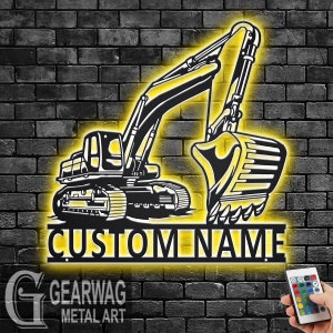 Custtom Excavator Metal Wall Art With LED Light, Personalized Excavator Driver Name Sign Decoration For Room, Excavator Metal LED Decor