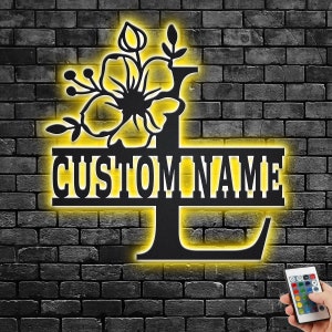 Custom Floral Alphabet L Metal Wall Art With Led Light, Personalized Alphabet Family Name Sign Decoration For Room,Last Name Metal LED Decor