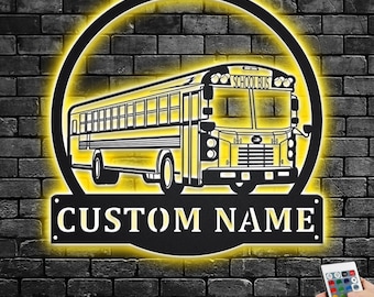 Custom School Bus Metal Wall Art With LED Light, Personalized Bus Driver Name Sign Decoration For Room, School Bus Metal LED Decor