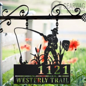 Personalized Fisher Metal Address Sign House Number Hanging Address Plaque Yard Sign, Outdoor Sign Garden Stake, Custom Address Sign