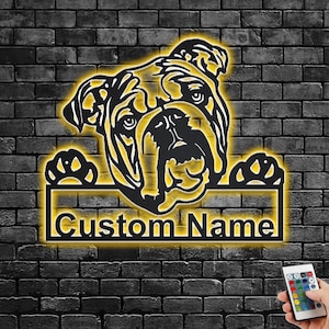 Custom English Bulldog Metal Wall Art With LED Light, Personalized English Bulldog Name Sign Decoration For Dog Room, English Bulldog Decor
