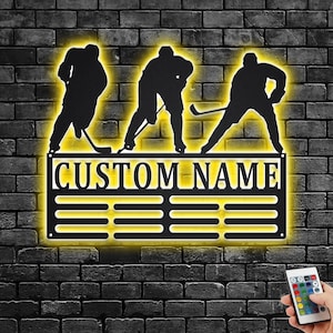 Custom Hockey Medal Holder LED Light, Personalized Hockey Player Name Medal Hanger, Hockey Medal Display Awards Sign, Custom Hockey Sign