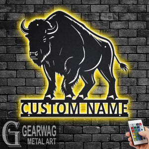 Custom Bison Metal Wall Art With LED Light, Personalized Bison Name Sign Decoration For Room, Bison Metal LED Decor, Custom Bison Name Sign