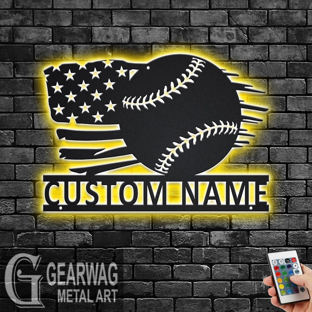 Custom Baseball Name Sign: US Flag Metal Wall Art With LED - Etsy