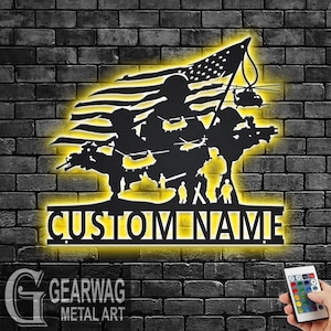 Custom US Soldier Metal Wall Art With LED Light, Personalized Soldier Name Sign Decoration For Room, Soldier Metal LED Decor, Custom Soldier
