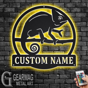Custom Chameleon Metal Wall Art With LED Light, Personalized Chameleon Name Sign Decoration For Room, Chameleon Metal LED Decor, Chameleon