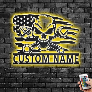 Custom US Skull Mechanic Metal Wall Art With LED Light, Personalized Mechanic Name Sign Decoration For Room, Skull Mechanic Metal LED Decor