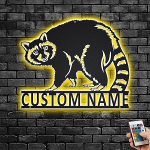 Custom Raccoon Metal Wall Art With LED Light, Personalized Raccoon Name Sign Decoration For Room, Raccoon Metal LED Decor, Custom Raccoon
