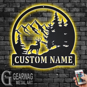 Custom Deer Mountain Metal Wall Art With LED Light, Personalized Deer Hunter Name Sign Decoration For Room, Deer Metal LED Decor, Deer Sign