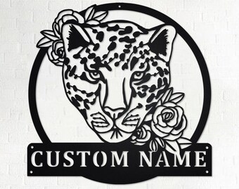 Custom Leopard With Flower Metal Wall Art, Personalized Leopard Name Sign Decoration For Room, Leopard Metal Home Decor, Custom Leopard
