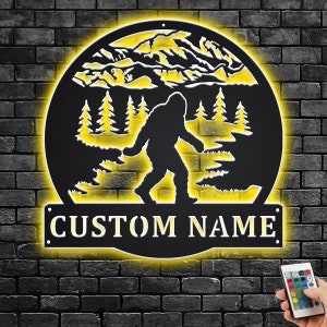 Custom Bigfoot Mountain Forest Metal Wall Art With LED Light, Personalized Bigfoot Name Sign Decoration For Room, Bigfoot Metal LED Decor