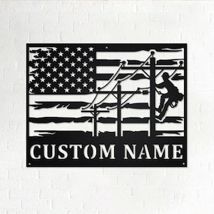 Custom Lineman USA Flag Round Metal Wall Art, Personalized Lineman Name Sign Decoration For Room, Lineman Home Decor, Custom Lineman,Lineman