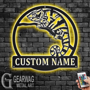Custom Chameleon Metal Wall Art With LED Light, Personalized Chameleon Name Sign Decoration For Room, Chameleon Metal LED Decor, Chameleon