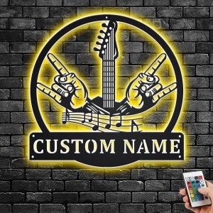 Custom Rock And Roll Music Metal Wall Art With LED Light, Personalized Rock & Roll Name Sign Decoration For Room, Rock And Roll Home Decor