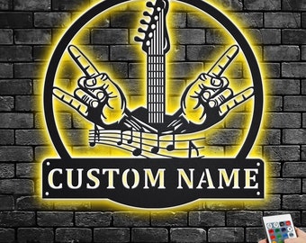 Custom Rock And Roll Music Metal Wall Art With LED Light, Personalized Rock & Roll Name Sign Decoration For Room, Rock And Roll Home Decor