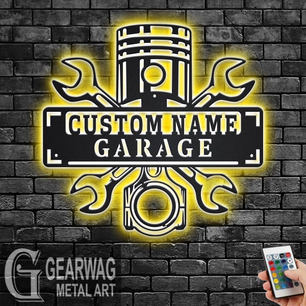 Custom Garage Name Metal Wall Art With LED Light, Personalized Workshop Name Sign Decoration For Room, Car Mechanic Repair Metal LED Decor