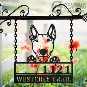 Personalized Bull Terrier Dog Metal Address Sign House Number Hanging Address Plaque Yard Sign, Outdoor Sign Garden Stake, Address Name Sign