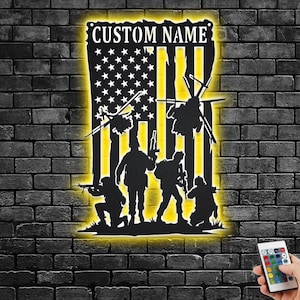 Custom US Military Soldiers Metal Wall Art With LED Light, Personalized Soldier Name Sign Decoration For Room, Soldier Team Metal LED Decor