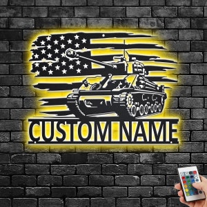 Custom US Military Tank Metal Wall Art With LED Light, Personalized Tank Driver Name Sign Decoration For Room, Military Tank Metal LED Decor