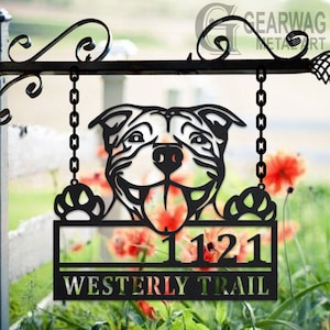 Personalized American Pit Bull Dog Metal Address Sign House Number Hanging Address Plaque Yard Sign, Outdoor Sign Garden Stake, Address Sign