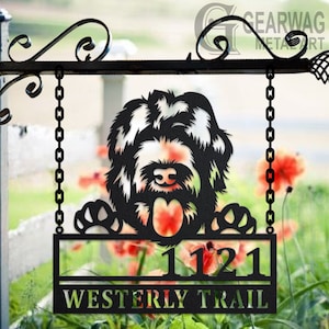 Personalized Black Russian Terrier Dog Metal Address Sign House Number Hanging Address Plaque Yard Sign, Outdoor Sign Garden Stake