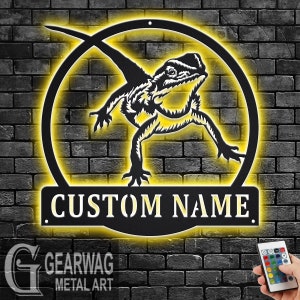 Custom Bearded Dragon Metal Wall Art With LED Light, Personalized Bearded Dragon Name Sign Decoration For Room, Bearded Dragon LED Decor
