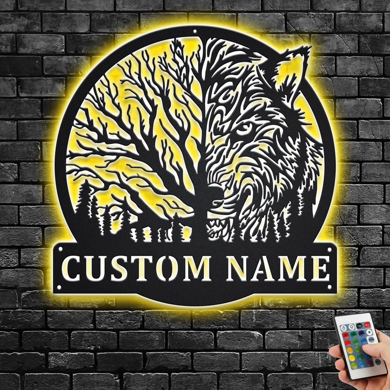 Custom Wolf Moon Metal Wall Art With LED: Personalized Name Sign - Etsy
